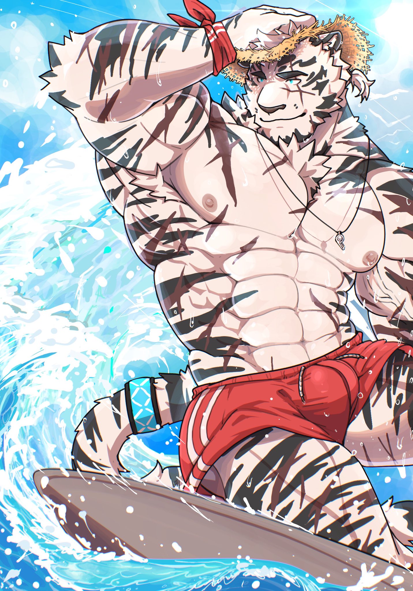 1boy abs adjusting_clothes adjusting_headwear alternate_costume animal_ears arknights armpit_hair bara bulge facial_hair feet_out_of_frame furry furry_male goatee hat high_ponytail highres huwenlang large_pectorals lifeguard looking_ahead male_focus male_swimwear mature_male mountain_(arknights) muscular muscular_male navel navel_hair nipples official_alternate_hairstyle pectorals red_male_swimwear scar scar_across_eye scar_on_chest short_hair smile solo stomach sun_hat surfing swim_trunks tail tail_ornament tail_ring thighs tiger_boy tiger_ears topless_male water waving whistle whistle_around_neck white_fur white_hair