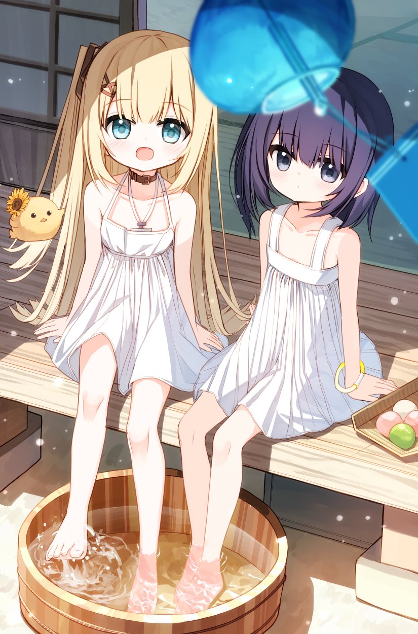 2girls :d bare_arms bare_shoulders barefoot blonde_hair blue_eyes brown_collar closed_mouth collar collarbone commentary_request day dress flower flower_girl_(yuuhagi_(amaretto-no-natsu)) food foot_bath hair_between_eyes hair_ornament hairclip highres long_hair looking_at_viewer mochi multiple_girls one_side_up original outdoors purple_hair shiho_(yuuhagi_(amaretto-no-natsu)) sitting sleeveless sleeveless_dress smile soaking_feet sunflower very_long_hair water white_dress wind_chime x_hair_ornament yellow_flower yuuhagi_(amaretto-no-natsu)