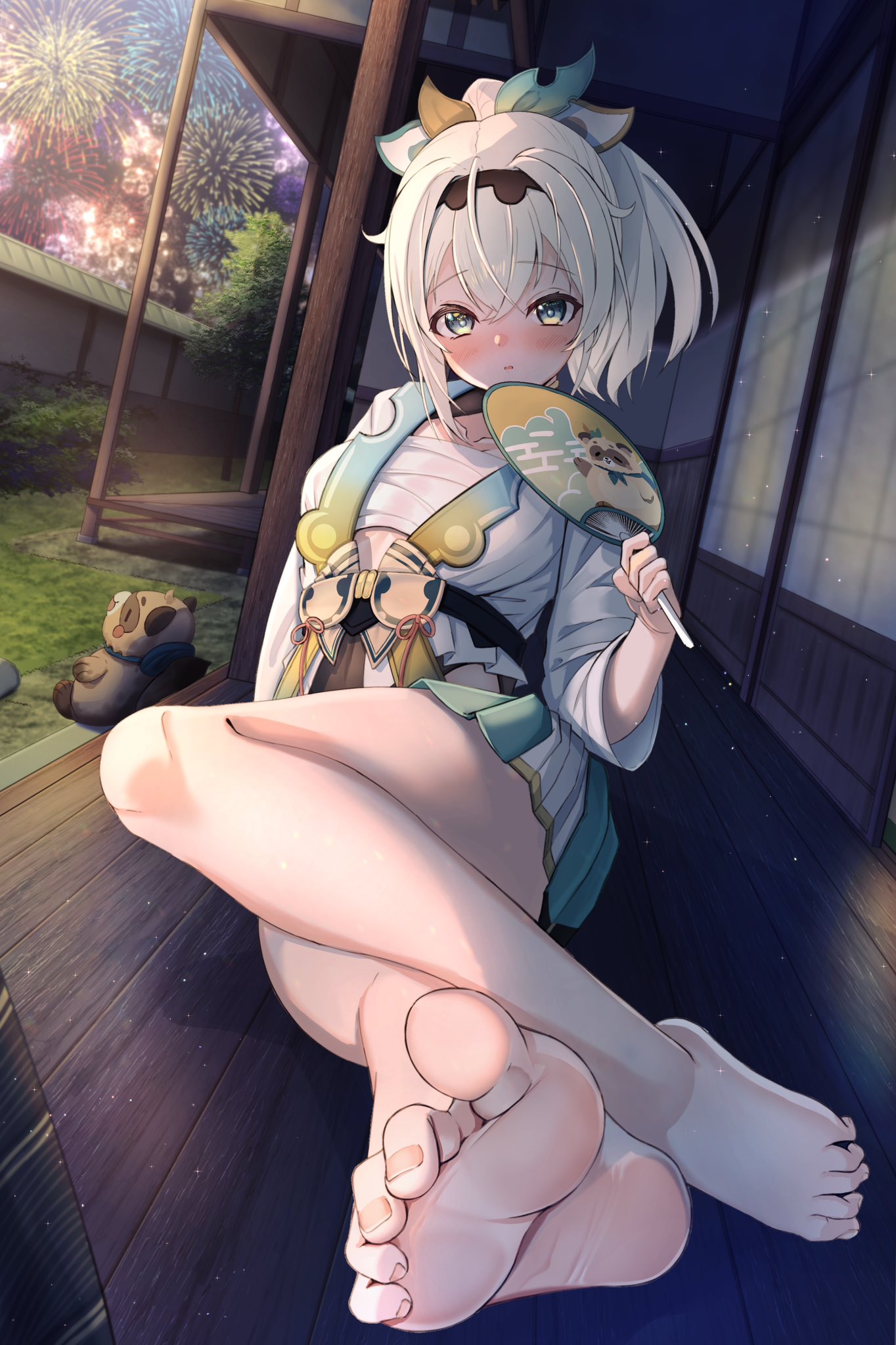 1girl architecture arm_support bare_legs barefoot black_hairband blonde_hair blush breasts chest_sarashi closed_eyes closed_mouth collarbone commentary_request crossed_bangs dutch_angle east_asian_architecture feet fireworks foot_focus foreshortening green_eyes hair_between_eyes hair_ornament hairband hand_fan haori highres holding hololive japanese_clothes kazama_iroha kazama_iroha_(1st_costume) leaf_hair_ornament long_hair long_sleeves looking_at_viewer medium_breasts nyoon on_ground outdoors paper_fan pleated_skirt pokobee ponytail sarashi shadow shrug_(clothing) sitting skirt sliding_doors soles tanuki thighs toe_scrunch toenails toes uchiwa virtual_youtuber wooden_floor