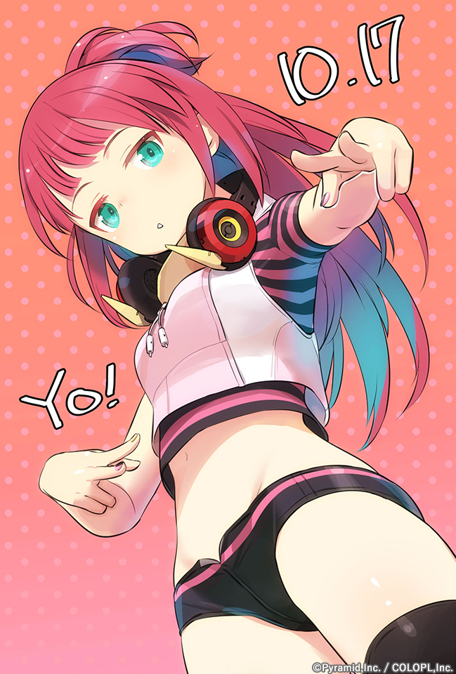 1girl alice_gear_aegis aqua_eyes birthday breasts commentary_request cowboy_shot crop_top dated dotted_background double_v fujino_yayoi gradient_background headphones headphones_around_neck long_hair looking_at_viewer micro_shorts navel official_art parted_lips red_hair shimada_fumikane shorts small_breasts solo v