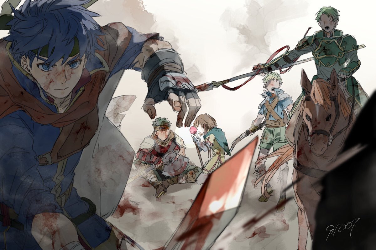 1girl 4boys 91007 axe battle blood blood_on_face blood_on_weapon blue_eyes blue_hair bow_(weapon) boyd_(fire_emblem) brown_hair cavalry commentary_request green_hair headband holding holding_polearm holding_staff holding_sword holding_weapon horse horseback_riding ike_(fire_emblem) mist_(fire_emblem) multiple_boys open_mouth polearm riding serious short_hair shorts sitting spear staff sword weapon