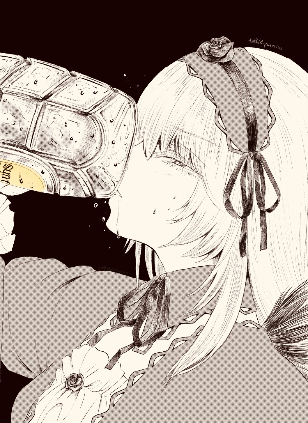 1girl bottle breasts chugging commentary_request detached_collar dress drinking eyelashes feathered_wings frilled_dress frilled_hairband frills greyscale hair_between_eyes hair_ribbon hairband half-closed_eyes highres holding holding_bottle kiru_(m_putorius) lolita_hairband long_bangs long_hair looking_at_viewer looking_to_the_side medium_breasts monochrome neck_ribbon open_mouth portrait ribbon rozen_maiden simple_background solo suigintou suntory twitter_username upper_body wings