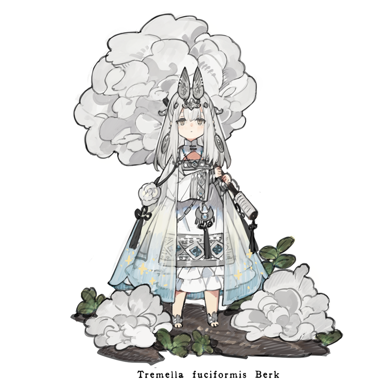 1girl blush bracelet brown_eyes closed_mouth dress grey_hair hair_ornament holding holding_umbrella jewelry long_hair long_sleeves looking_ahead mushroom mushroom_umbrella necklace original plant scientific_name starshadowmagician umbrella white_background white_dress