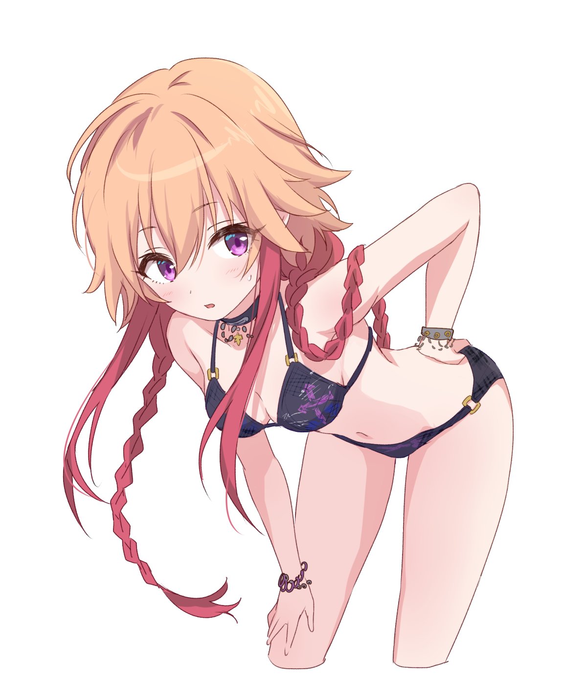 1girl 2_nostg bend bikini black_bikini black_choker bracelet braid breasts choker cropped_legs hair_between_eyes hand_on_own_hip hand_on_own_leg highres idolmaster idolmaster_cinderella_girls jewelry light_blush light_brown_hair long_hair looking_to_the_side medium_breasts multicolored_hair navel ninomiya_asuka parted_lips print_bikini purple_eyes red_hair sidelocks solo stomach sweat swimsuit thighs two-tone_hair white_background