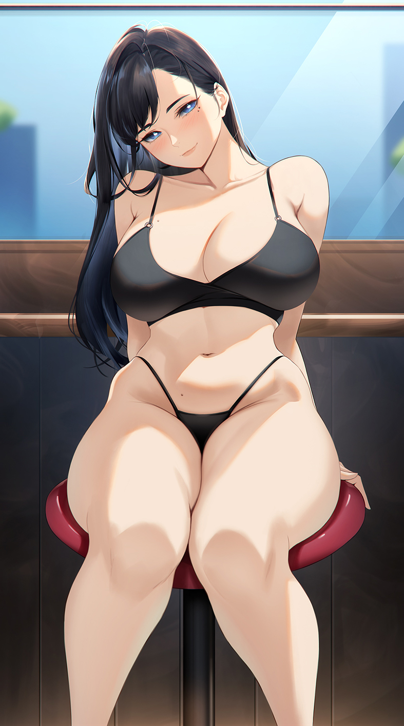 1girl arm_support bikini black_bikini black_hair blue_eyes blueorca breasts cleavage closed_mouth collarbone commentary feet_out_of_frame head_tilt highleg highleg_bikini highres large_breasts long_hair looking_at_viewer mole mole_on_breast mole_under_eye navel on_stool original ponytail sitting solo swimsuit