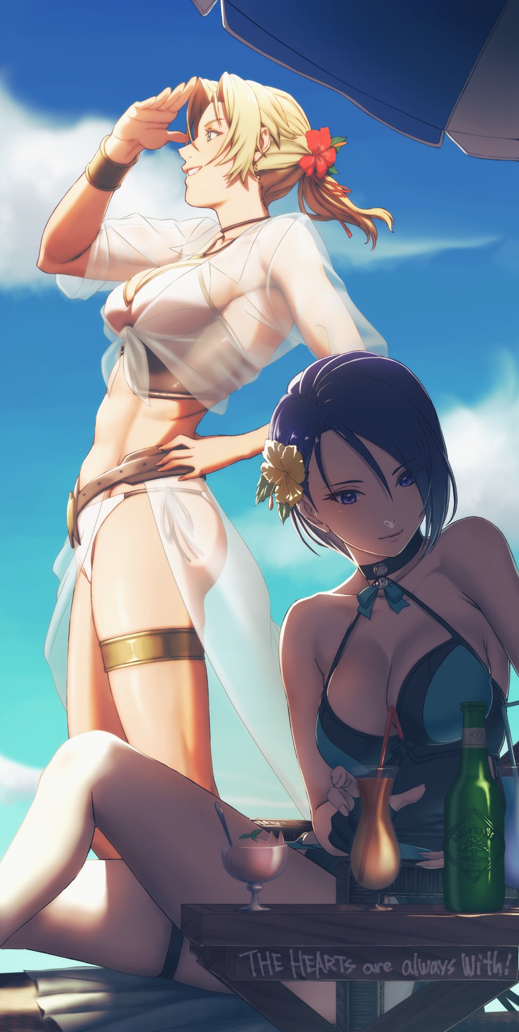 2girls abs aduti_momoyama ass asymmetrical_hair bare_shoulders beach_chair beach_umbrella bikini black_one-piece_swimsuit blonde_hair blue_eyes blue_sky bracelet breasts catherine_(fire_emblem) catherine_(summer)_(fire_emblem) choker cleavage closed_mouth cocktail_glass collarbone cup dark-skinned_female dark_skin drinking_glass drinking_straw english_text fire_emblem fire_emblem:_three_houses fire_emblem_heroes flower from_side hair_flower hair_ornament hibiscus highres jewelry large_breasts legs long_hair mature_female multiple_girls navel one-piece_swimsuit open_mouth outdoors ponytail purple_eyes purple_hair sarong see-through_sarong shade shading_eyes shamir_nevrand shamir_nevrand_(summer) short_hair sky smile stomach swimsuit thighlet tropical_drink umbrella white_bikini
