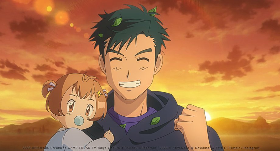1boy 1girl aged_up ash_ketchum black_hair black_hoodie closed_eyes cloud facing_viewer father_and_daughter grin hand_up hood hoodie leaf mixed-language_commentary noelia_ponce outdoors pacifier pokemon pokemon_(anime) pokemon_xy_(anime) purple_shirt shirt short_hair sky smile sun sunset teeth twilight watermark