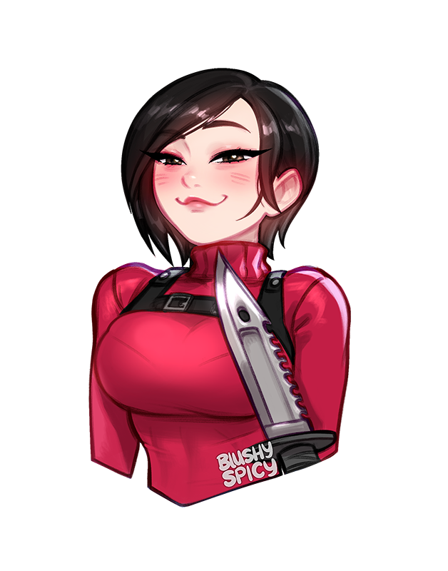1girl ada_wong artist_name blush blushyspicy border breasts brown_hair cropped_torso half-closed_eyes knife large_breasts red_sweater resident_evil resident_evil_4 short_hair smile solo sweater transparent_background upper_body watermark white_border