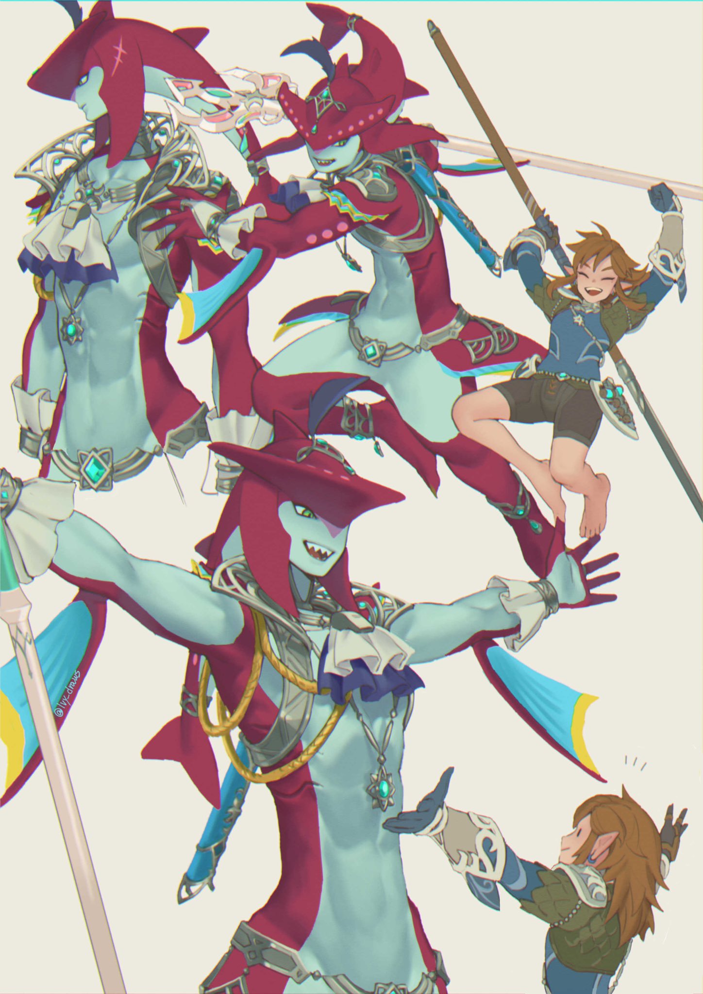 2boys ascot blonde_hair blue_ascot blue_eyes colored_skin earrings fish_boy hair_ornament highres ivy_(sena0119) jewelry link long_hair male_focus monster_boy multiple_boys multiple_views pointy_ears red_skin sharp_teeth sidon smile teeth the_legend_of_zelda the_legend_of_zelda:_breath_of_the_wild white_ascot zora zora_set_(zelda)