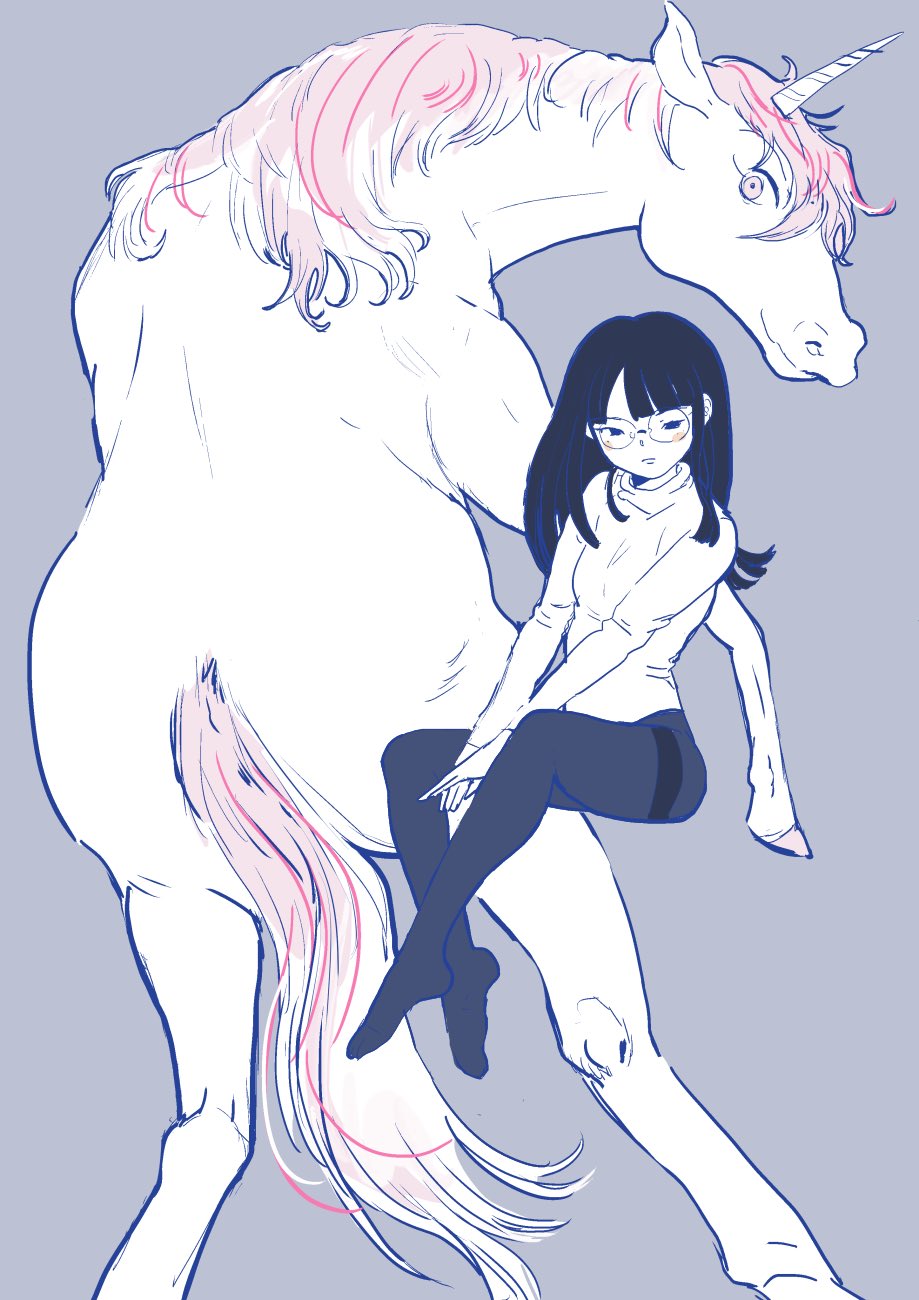 ambiguous_gender bangs blush breasts clothed clothing duo emuko_(unicorns_aren't_horny) equid equine eyewear female feral glasses hair hi_res hooves horn human legwear mammal pink_hair sitting smile snout sweater tail tights topwear turtleneck ukyukyukyuku uni_(unicorns_aren't_horny) unicorn unicorn_horn unicorns_aren't_horny white_body