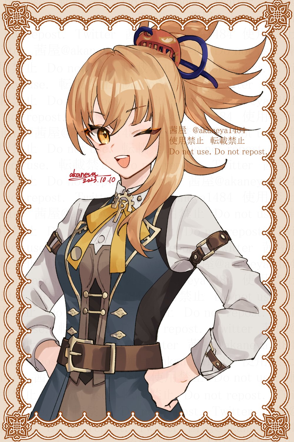 1girl ;d alternate_costume arm_strap artist_name belt belt_buckle blonde_hair blue_vest border brooch brown_belt brown_border brown_corset buckle collared_shirt commentary_request corset dated eyeshadow framed genshin_impact hair_between_eyes hair_intakes hair_ornament hands_on_own_hips high_ponytail highres jewelry long_sleeves looking_at_viewer makeup medium_hair neck_ribbon ojo_aa one_eye_closed open_clothes open_mouth open_vest orange_eyeshadow ponytail ribbon shirt signature simple_background single_sidelock smile solo teeth twitter_username upper_teeth_only vest watermark white_background white_shirt wing_collar yellow_eyes yellow_ribbon yoimiya_(genshin_impact)