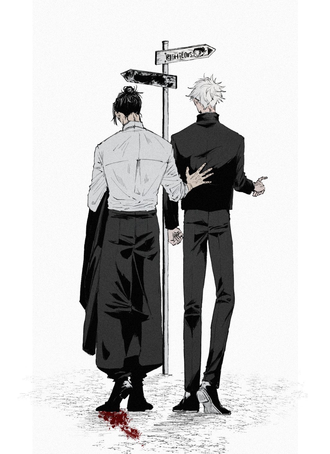 2boys black_footwear black_hair black_jacket black_pants collared_shirt facing_away full_body getou_suguru gojou_satoru hair_bun hand_on_another's_back highres holding holding_clothes holding_jacket jacket jujutsu_kaisen long_sleeves male_focus moiko_(saitooooouum) multiple_boys pants pointing shirt shoes short_hair sign signpost simple_background standing white_background white_hair white_shirt