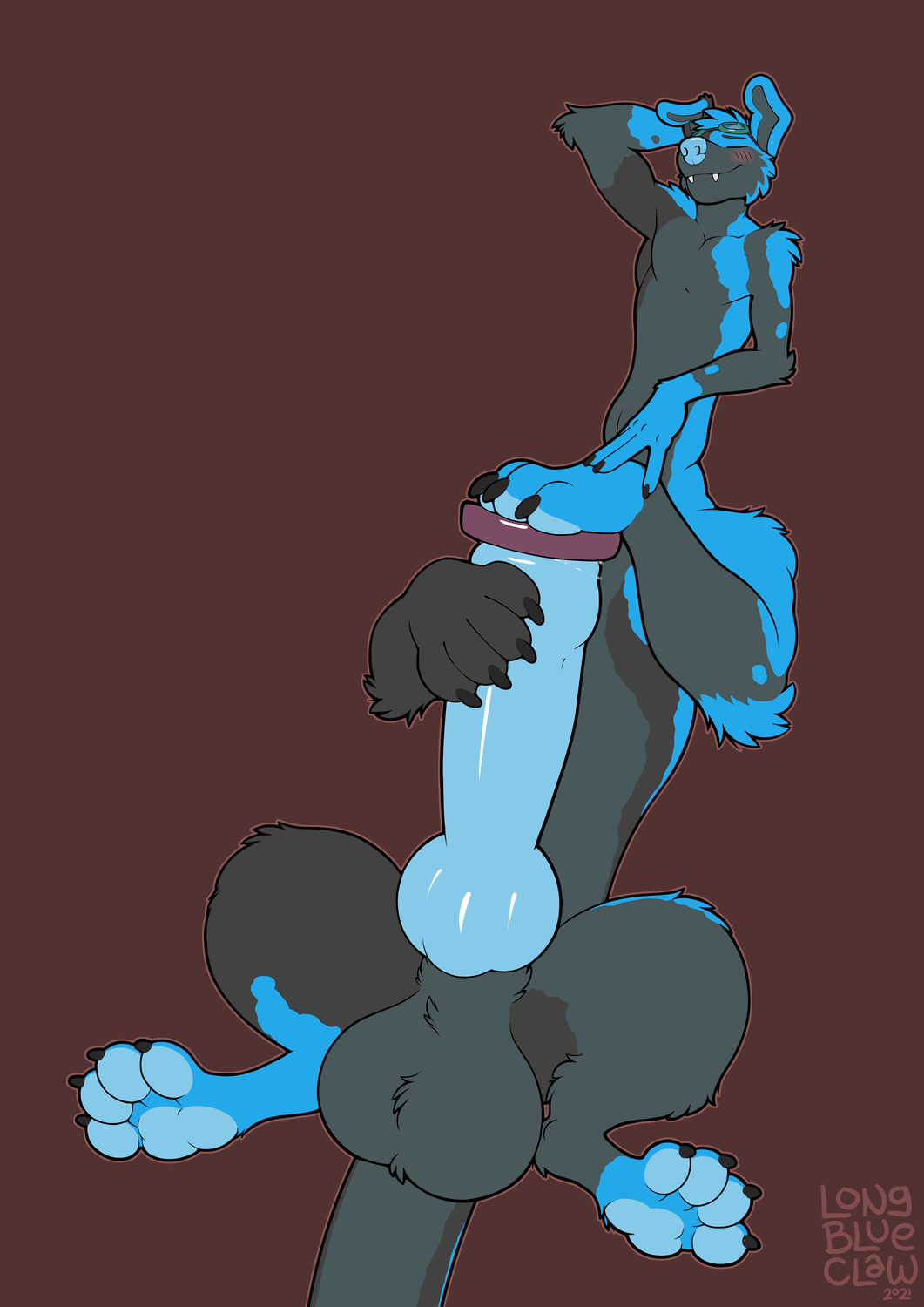 2021 animal_genitalia animal_penis black_body black_fur blue_body blue_fur blush canid canid_taur canine canine_genitalia canine_penis canine_taur digital_media_(artwork) dildo dildo_in_penis dildo_in_urethra dildo_insertion fur genitals hand_behind_head hi_res humanoid_hands knot longblueclaw male mammal mammal_taur pawpads paws penetration penis sex_toy sex_toy_in_penis sex_toy_in_urethra sex_toy_insertion sheath simple_background smile solo taur teeth urethral urethral_penetration