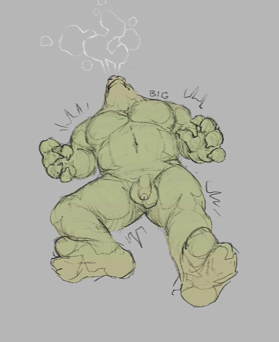 anthro b1g balls bared_teeth big_balls big_pecs breath breath_cloud claws feet flaccid foreskin genitals gradient_penis implied_growth implied_transformation lying male monochrome muscular muscular_male obscured_eyes panting partially_retracted_foreskin paws pecs penis reptile scalie simple_background sketch solo thick_thighs