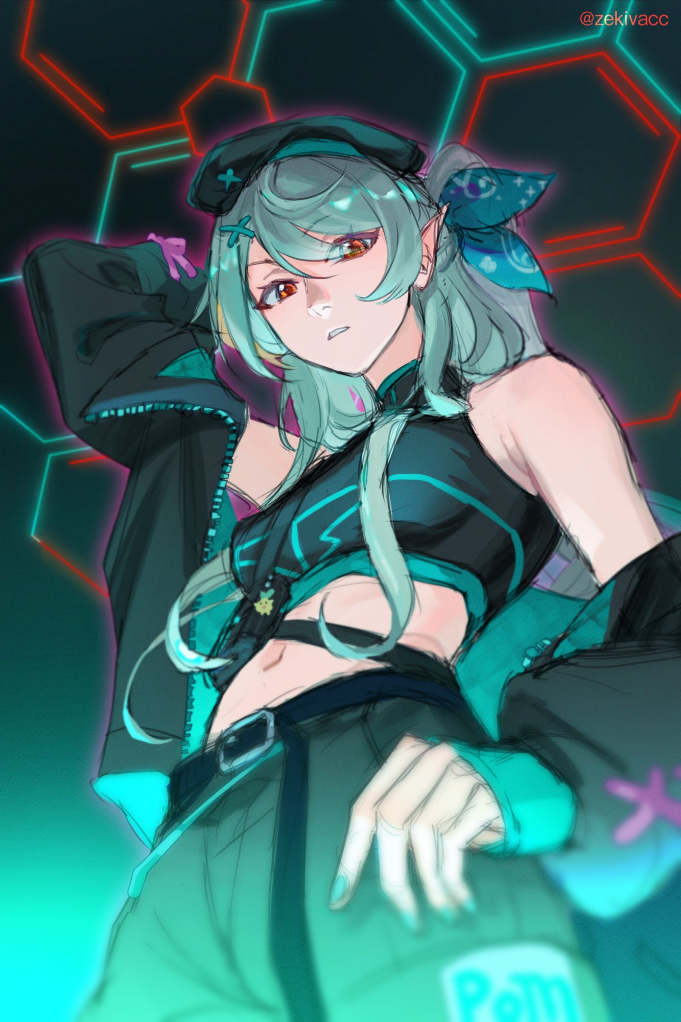 1girl arm_behind_head bangs bare_shoulders belt beret black_belt black_headwear black_jacket black_shirt blue_ribbon crop_top green_nails grey_hair hair_ornament hair_ribbon hat highres jacket long_hair long_sleeves looking_at_viewer nail_polish navel nijisanji nijisanji_en off_shoulder official_alternate_costume one_side_up open_clothes open_jacket pointy_ears pomu_rainpuff pomudachi_(pomu_rainpuff) red_eyes ribbon shirt sleeveless sleeveless_shirt solo thumb_in_pocket virtual_youtuber x_hair_ornament zekivacc