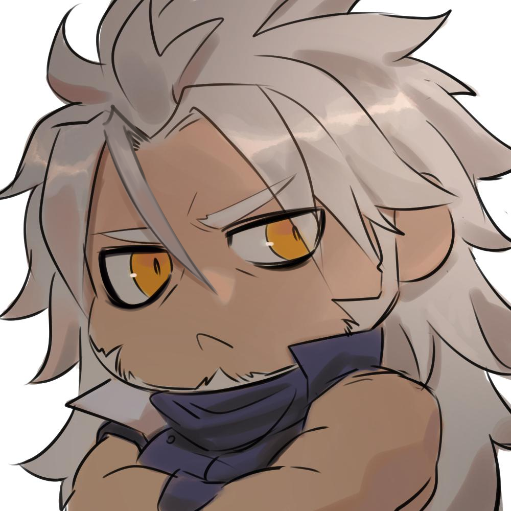 1boy alchemy_stars bags_under_eyes bara beard character_request chibi dark-skinned_male dark_skin facial_hair frown ina_zuma long_hair looking_at_viewer male_focus mature_male pectoral_lift solo thick_eyebrows upper_body yellow_eyes