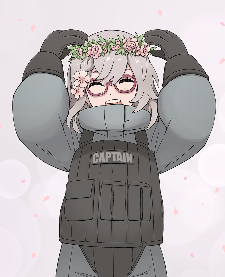 1girl arms_up black_gloves braid closed_eyes commentary commission english_text female_commander_(girls'_frontline) flower girls'_frontline gloves hair_between_eyes hair_flower hair_ornament hazmat_suit head_wreath long_hair open_mouth petals pink_background pixiv_commission plate_carrier red-framed_eyewear solo tab_(tabkun) upper_body white_hair