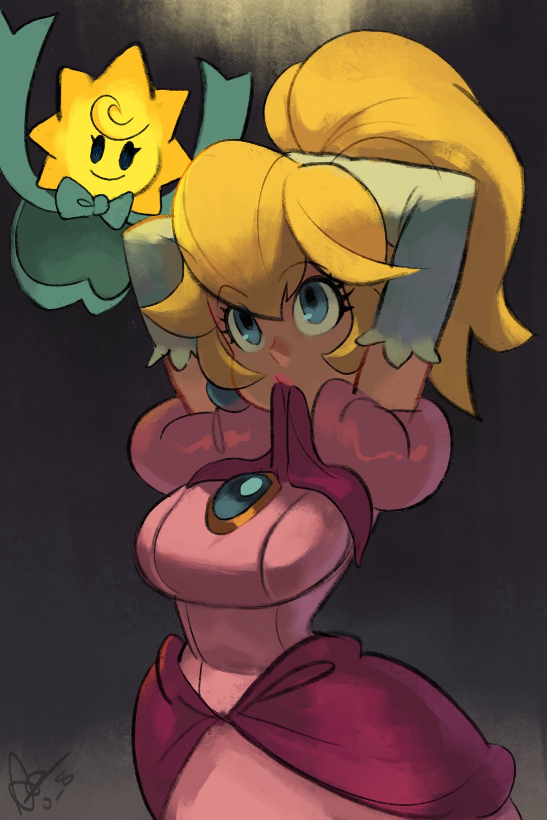 1girl adjusting_hair alex_ahad blonde_hair blue_eyes breasts dress earrings elbow_gloves english_commentary gloves hair_up highres jewelry large_breasts long_hair mario_(series) mouth_hold official_alternate_costume official_alternate_hairstyle pink_dress ponytail princess_peach tying_hair white_gloves