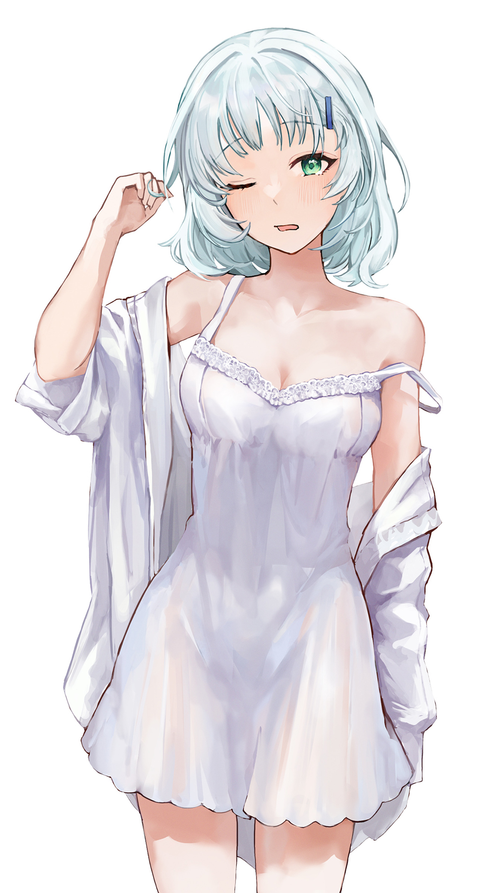 1girl angel breasts camisole green_eyes hair_ornament hairband_removed hairclip highres kamishiro_rita no_halo non09_24 off_shoulder one_eye_closed open_clothes open_mouth open_shirt playing_with_own_hair prism_project see-through sleepy solo virtual_youtuber white_camisole white_hair