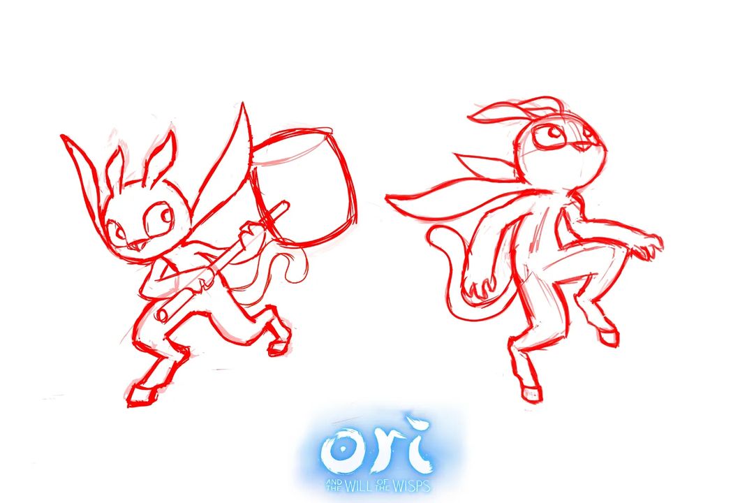 2022 3_fingers 4_ears ambiguous_gender anthro fingers glowing glowing_body hammer logo long_ears long_tail magic magic_user monochrome multi_ear novada_drawing orb ori_(ori) ori_(series) red_and_white signature sketch solo tail tools unguligrade unguligrade_anthro unguligrade_legs