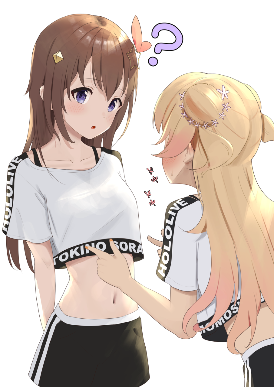 2girls ? black_shorts blonde_hair blue_eyes blush breasts brown_hair character_name copyright_name crop_top crop_top_overhang flower hair_flower hair_ornament highres hololive hololive_dance_practice_uniform long_hair looking_at_another momosuzu_nene multiple_girls navel official_alternate_costume shorts small_breasts taachika tokino_sora virtual_youtuber white_background