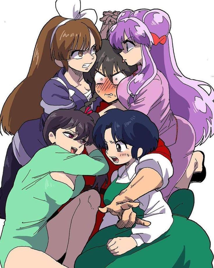 4girls artist_request between_breasts black_footwear blush bow breasts brown_hair double_bun fuurinkan_high_school_uniform hair_bun head_between_breasts kunou_kodachi kuonji_ukyou multiple_girls non-web_source open_mouth purple_hair ranma_1/2 saotome_ranma school_uniform shampoo_(ranma_1/2) simple_background source_request teeth tendou_akane white_background white_bow