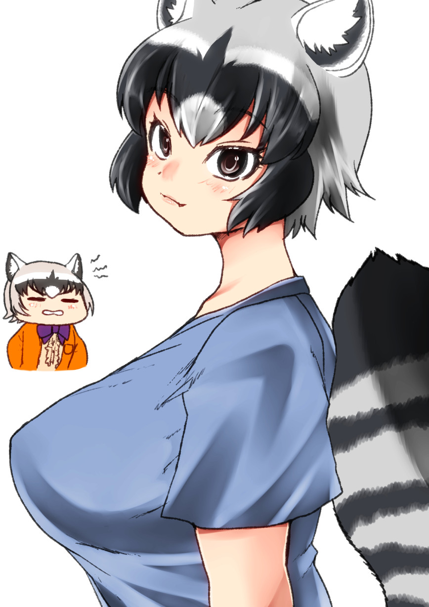 2girls alternate_hair_length alternate_hairstyle animal_ear_fluff animal_ears arms_at_sides black_hair blue_shirt bow bowtie breasts brown_eyes chibi closed_eyes collarbone common_raccoon_(kemono_friends) crab-eating_raccoon_(kemono_friends) cropped_torso eyelashes facing_another fangs from_side grey_hair highres isna_(footprintsofisna) kemono_friends lips looking_at_viewer multicolored_hair multiple_girls raccoon_ears raccoon_girl raccoon_tail shirt short_hair short_sleeves simple_background smile tail tented_shirt upper_body white_background white_hair