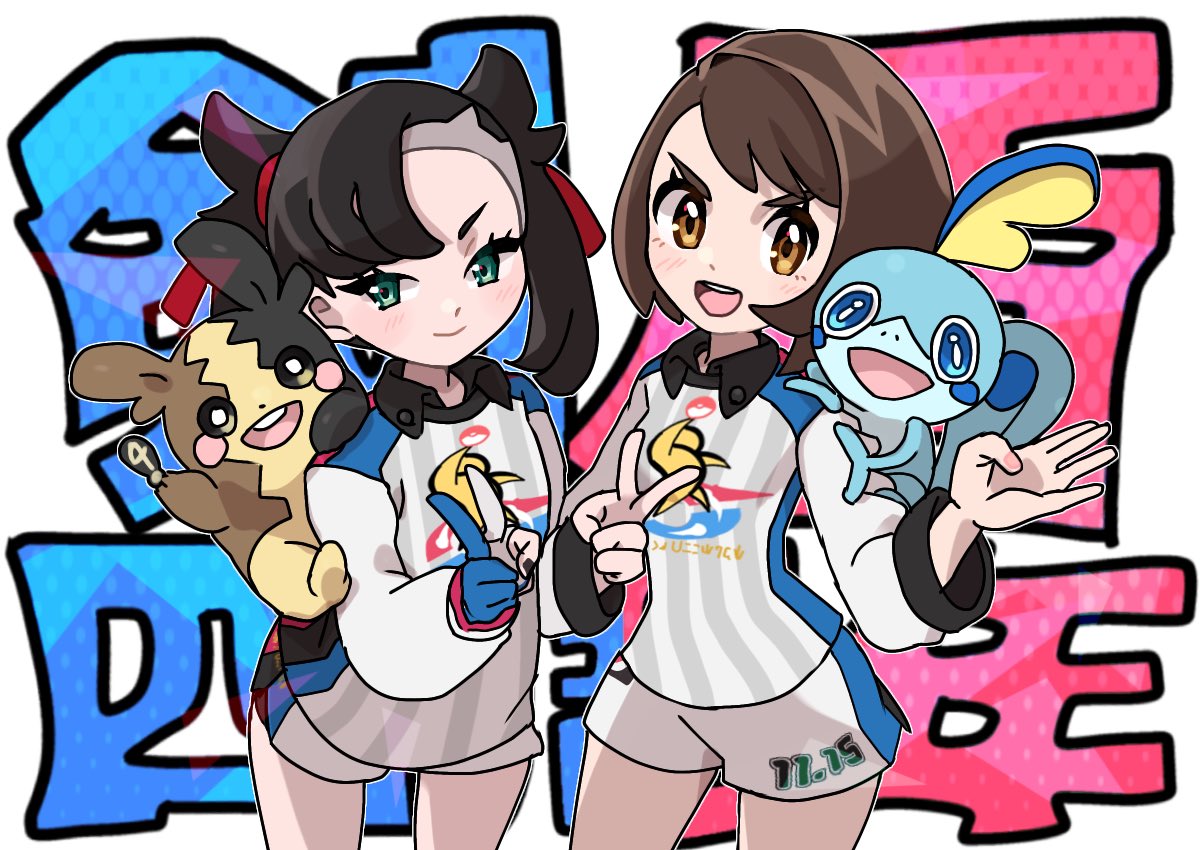 2girls :d black_hair blush brown_eyes brown_hair closed_mouth collared_shirt commentary_request cowboy_shot double_v eyelashes fu_(tk1189227dhy) gloria_(pokemon) gloves green_eyes gym_challenge_uniform long_sleeves marnie_(pokemon) morpeko morpeko_(full) multiple_girls on_shoulder open_mouth pokemon pokemon_(creature) pokemon_(game) pokemon_on_shoulder pokemon_swsh shirt short_hair short_shorts shorts single_glove smile sobble teeth tongue upper_teeth_only v white_shirt white_shorts