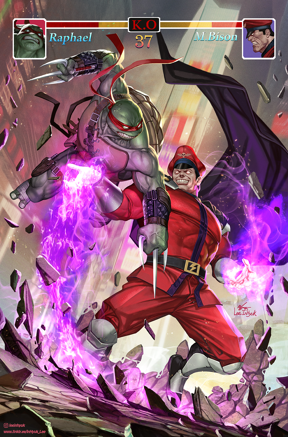 2boys battle bracelet cape comic_cover crossover fighting highres holding in-hyuk_lee jewelry m._bison mask multiple_boys muscular necklace ninja official_art raphael_(tmnt) reptile_boy sai_(weapon) shoulder_pads skull_necklace smile spiked_bracelet spikes street_fighter street_fighter_i street_fighter_ii_(series) street_fighter_iv_(series) teenage_mutant_ninja_turtles turtle turtle_boy weapon western_comics_(style)