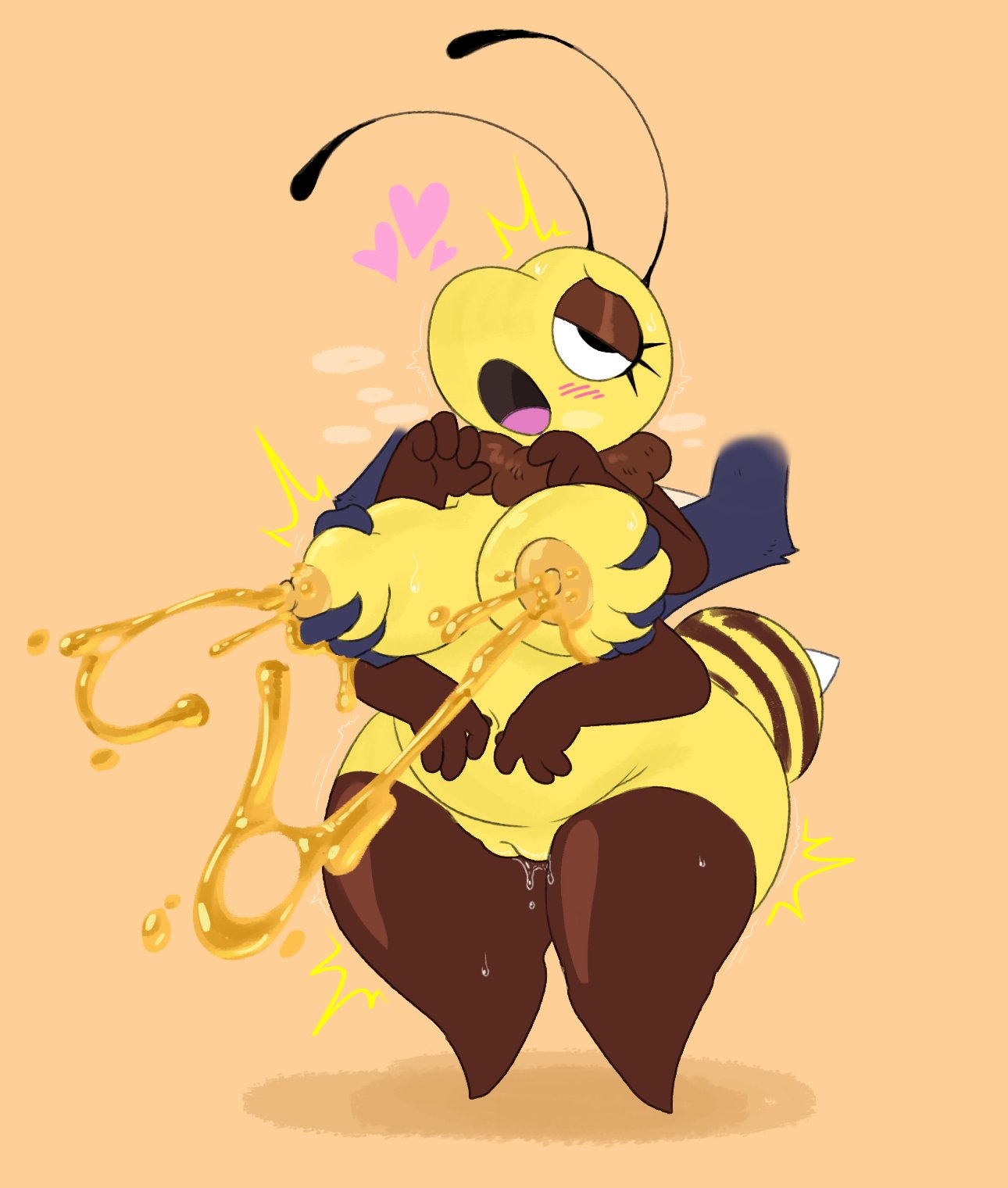 2023 4_arms ambiguous_gender antennae_(anatomy) anthro arthropod bee bodily_fluids breast_grab breast_squeeze breasts disembodied_hand dripping duo female female/ambiguous female_focus food front_view full-length_portrait genital_fluids genitals groping_breasts groping_from_behind hand_on_breast hi_res honey_(food) hymenopteran insect lactating lactating_honey looking_pleasured multi_arm multi_limb nipples non-mammal_breasts non-mammal_nipples nude nylonheretic open_mouth portrait pussy pussy_juice pussy_juice_drip slightly_chubby solo_focus standing wide_hips yellow_body