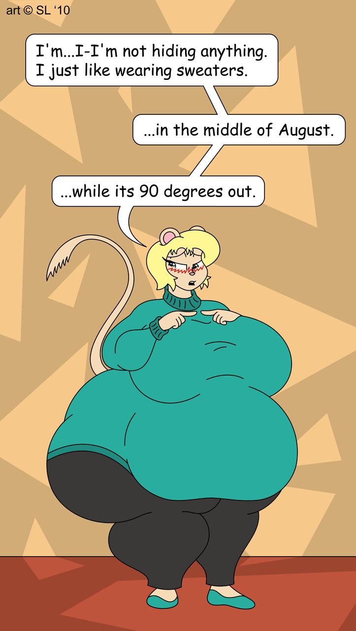 2010 anthro belly big_belly big_breasts big_butt blonde_hair blue_eyes blush bodily_fluids bottomwear breasts butt clothing copyright_symbol digital_media_(artwork) english_text female footwear gerbil hair hi_res huge_breasts huge_butt huge_thighs mammal murid obese obese_anthro obese_female open_mouth overweight overweight_anthro overweight_female pants rodent sandy_(satsumalord) satsumalord shoes solo speech_bubble sweat symbol text thick_thighs