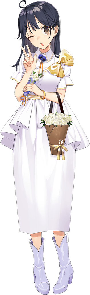 1girl ahoge ankle_boots black_hair boots brown_eyes dress drew_(drew213g) full_body high_heel_boots high_heels kantai_collection long_hair official_art one_eye_closed purple_footwear short_sleeves solo transparent_background ushio_(kancolle) white_dress