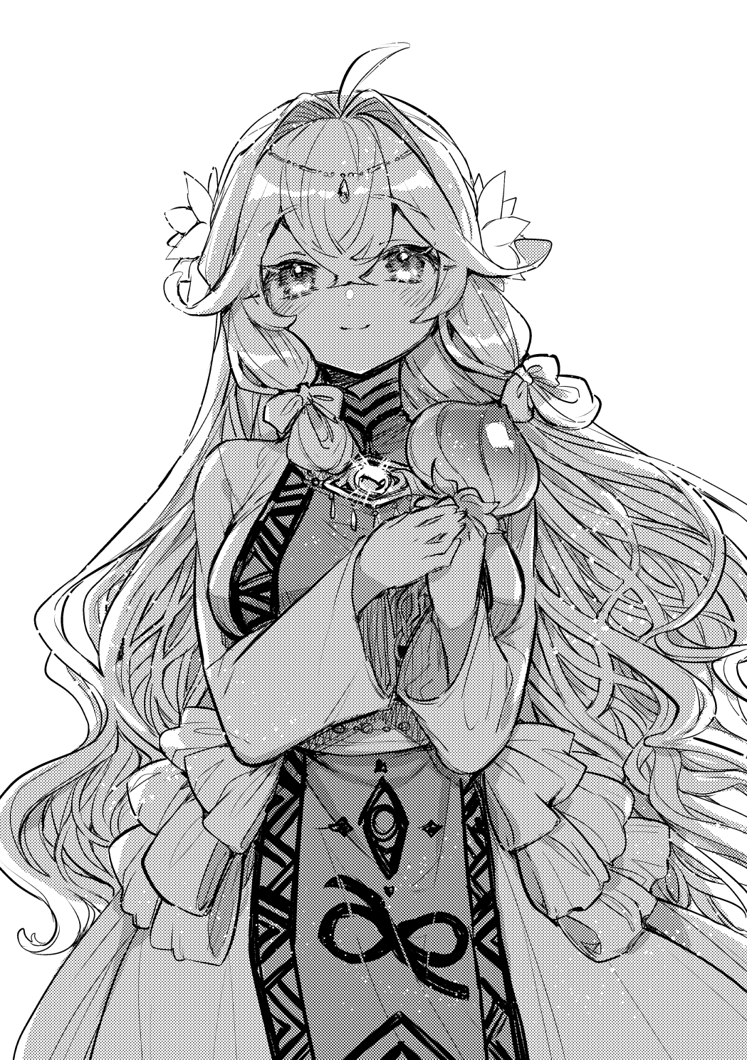 1girl breasts dress flower hair_flower hair_ornament highres large_breasts long_hair long_sleeves looking_at_viewer monochrome original smile wavy_hair yadayada