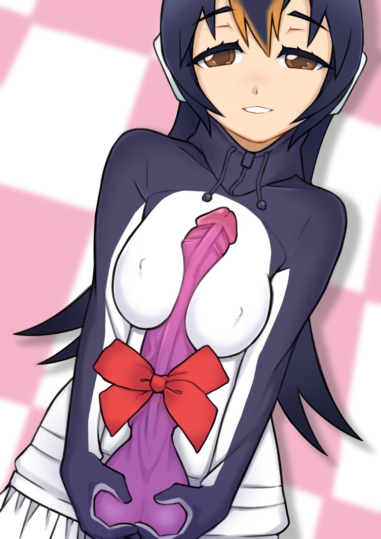 1girl between_breasts black_hair black_sweater blonde_hair bow breasts brown_eyes covered_nipples dildo drawstring gentoo_penguin_(kemono_friends) headphones holding holding_sex_toy huge_dildo kemono_friends long_hair long_sleeves looking_at_viewer medium_breasts multicolored_hair ollie_(ollie_stratos) parted_lips red_bow sex_toy simulated_paizuri smile solo streaked_hair sweater two-tone_sweater upper_body white_hair white_sweater