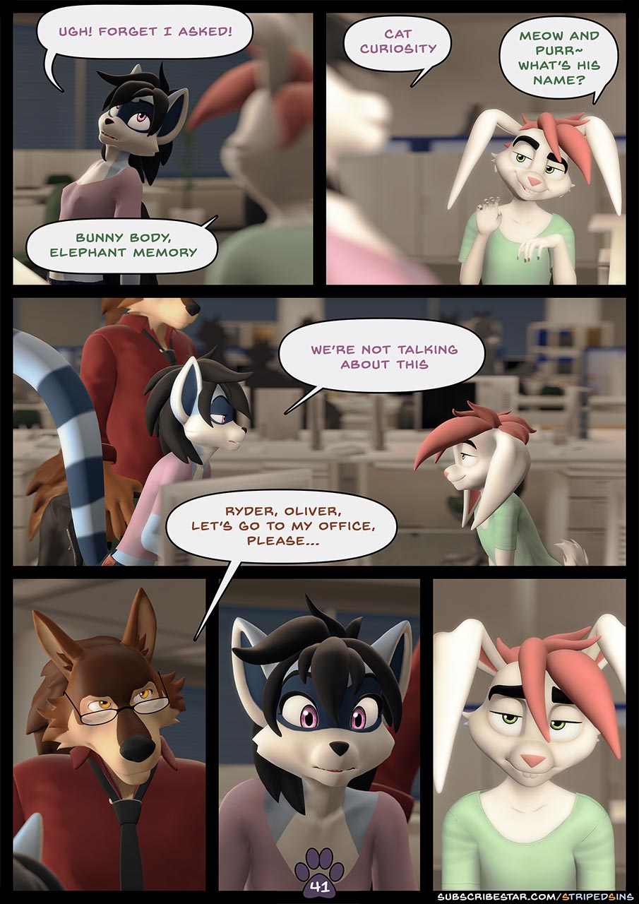 3d_(artwork) anthro black_hair blue_body blue_fur brown_body brown_fur buckteeth canid canine canis chair clothing comic comic_panel computer_keyboard computer_mouse desk dialogue digital_media_(artwork) dransvitry english_text female fur furniture gesture green_eyes hair hi_res lagomorph leporid male mammal monitor necktie office office_chair oliver_(striped_sins) pink_hair post-it_note procyonid purple_eyes rabbit raccoon ryder_(striped_sins) shirt speech_bubble striped_sins t-shirt table teeth text topwear white_body white_fur willitfit wolf yellow_eyes