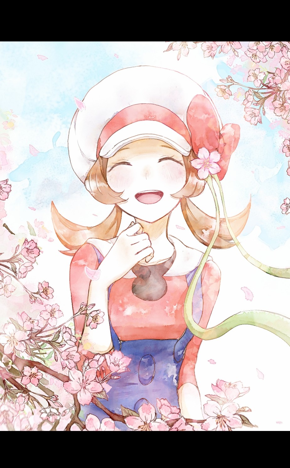 1girl :d asuka_rkgk blue_overalls blush bow brown_hair closed_eyes commentary day eyelashes facing_viewer falling_petals flower hand_up hat hat_bow highres letterboxed long_hair lyra_(pokemon) open_mouth outdoors overalls petals pink_flower plant pokemon pokemon_(game) pokemon_hgss shirt smile symbol-only_commentary teeth tongue twintails upper_teeth_only vines white_headwear