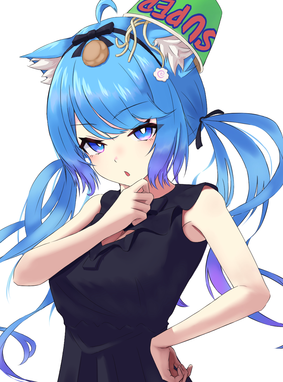 1girl ahoge animal_ear_fluff animal_ears black_bow black_dress black_hairband blue_eyes blue_hair blush bow bowl bowl_hat breasts bright_pupils chestnut_mouth cleavage cleavage_cutout clothing_cutout collared_dress commentary dog_ears dog_girl dress fish_cake food frilled_shirt_collar frills hair_bow hairband hand_on_own_chin hand_on_own_hip hat highres kamaboko long_hair looking_at_viewer low_twintails medium_bangs medium_breasts nanashi_inc. narutomaki no_jacket noodles official_alternate_costume open_mouth ramen simple_background sleeveless sleeveless_dress solo souya_ichika souya_ichika_(6th_costume) twintails upper_body virtual_youtuber white_background white_pupils yaaamta