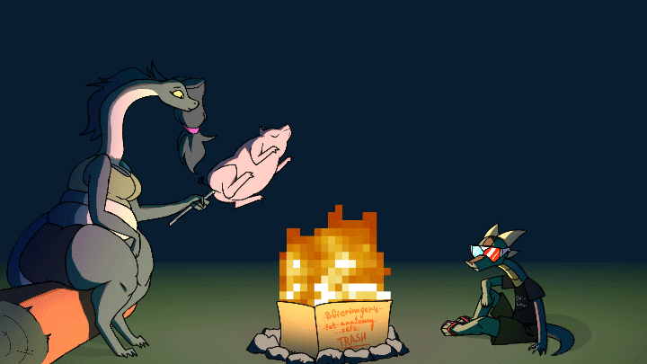 animated anthro big_breasts big_butt black_body black_hair black_scales breasts butt campfire celaine duo eating female hair huge_belly huge_butt huge_thighs male microsoft minecraft mojang neck_bulge reptile scales scalie scaliecrocs scaliecrocs_(character) size_difference snake swallowing thick_thighs wide_hips xbox_game_studios yellow_eyes