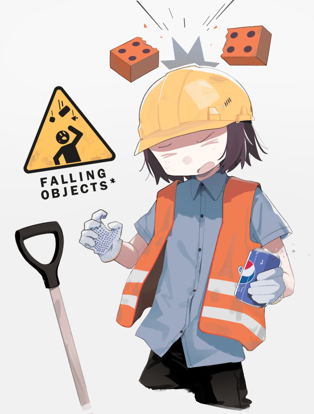 &gt;_&lt; 1girl black_pants blue_shirt brick brown_hair can ccg falling_rock gloves grey_background highres jacket open_mouth orange_jacket original pants shirt shovel sign simple_background soda_can solo warning_sign white_gloves yellow_headwear