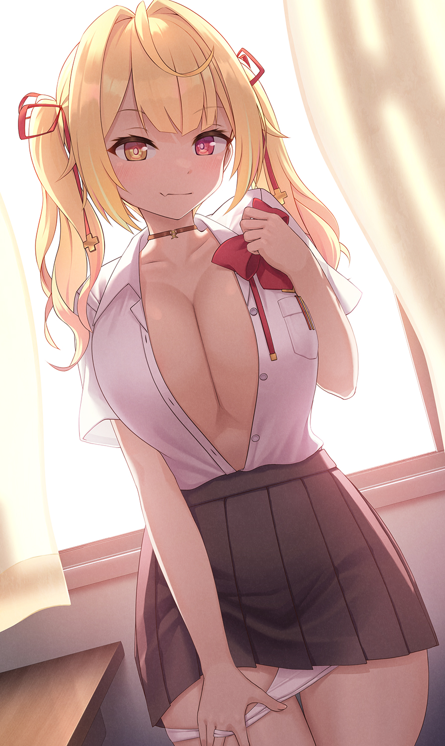 1girl black_skirt blonde_hair bow bowtie breasts breasts_squeezed_together classroom collared_shirt cowboy_shot curtains dress_shirt eguchi_kanade fang hair_intakes hair_ornament hand_on_own_thigh heterochromia highres holding holding_bow_(ornament) hoshikawa_sara large_breasts long_hair looking_at_viewer miniskirt nijisanji no_bra open_clothes open_shirt panties panty_pull pleated_skirt red_bow red_bowtie red_eyes school_uniform shirt short_sleeves skin_fang skirt smile solo twintails underwear virtual_youtuber white_panties white_shirt window yellow_eyes