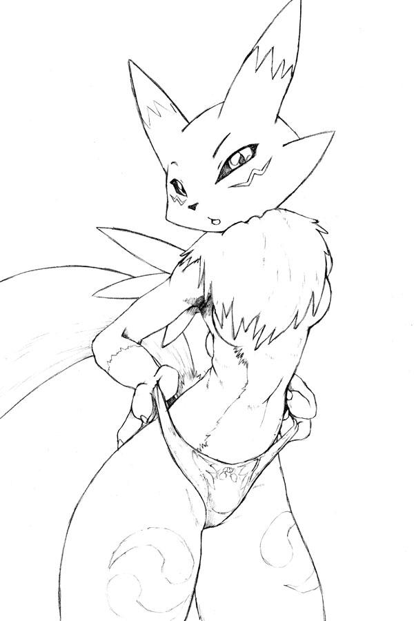 anthro bandai_namco breasts canid canine clothing clothing_pull digimon digimon_(species) female greyscale looking_at_viewer mammal monochrome neck_tuft open_mouth panties panty_pull renamon simple_background solo tuft underwear underwear_pull unknown_artist white_background