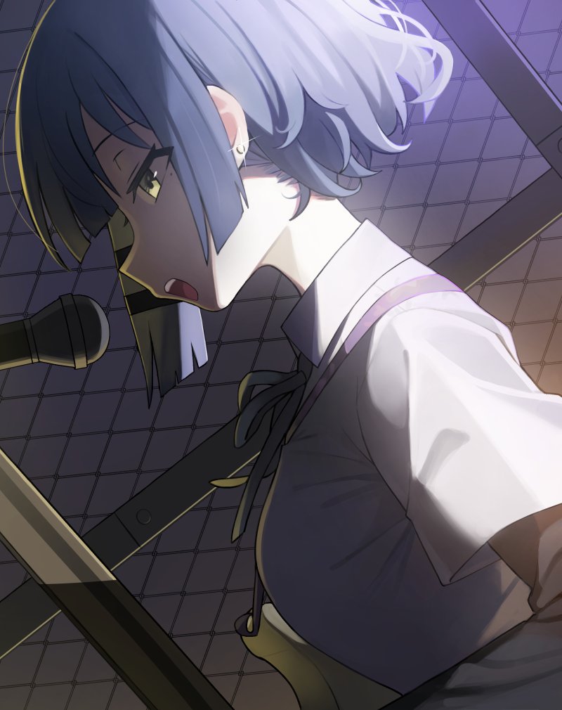 1girl bass_guitar black_bow black_bowtie blue_hair bocchi_the_rock! bow bowtie chain-link_fence collared_shirt earrings fence from_side instrument jewelry layered_sleeves long_sleeves microphone mole mole_under_eye music nago_purin open_mouth playing_instrument school_uniform shimokitazawa_high_school_uniform shirt short_hair short_over_long_sleeves short_sleeves singing solo stud_earrings white_shirt yamada_ryo yellow_eyes
