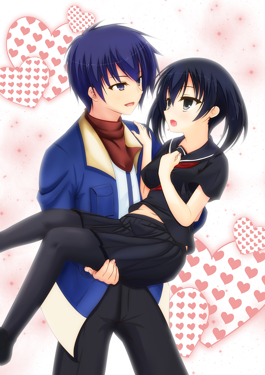 1boy 1girl :d :o akame_ga_kill! black_eyes black_hair black_pants black_pantyhose black_sailor_collar black_shirt black_skirt blue_eyes blue_hair blue_jacket blush carrying commentary_request couple cowboy_shot double-parted_bangs eye_contact feet_out_of_frame fingernails from_side hair_between_eyes hand_on_another's_shoulder hand_up heart hetero highres hirocchi jacket kurome_(akame_ga_kill!) looking_at_another medium_hair miniskirt neckerchief open_clothes open_jacket open_mouth pants pantyhose pleated_skirt princess_carry red_neckerchief sailor_collar school_uniform serafuku shirt short_hair short_sleeves simple_background skirt smile standing too_many too_many_hearts twintails upturned_eyes wave_(akame_ga_kill!) white_background