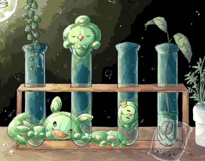 bench duosion evolutionary_line geru_(gelusado3) indoors no_humans plant pokemon reuniclus seed solosis test_tube