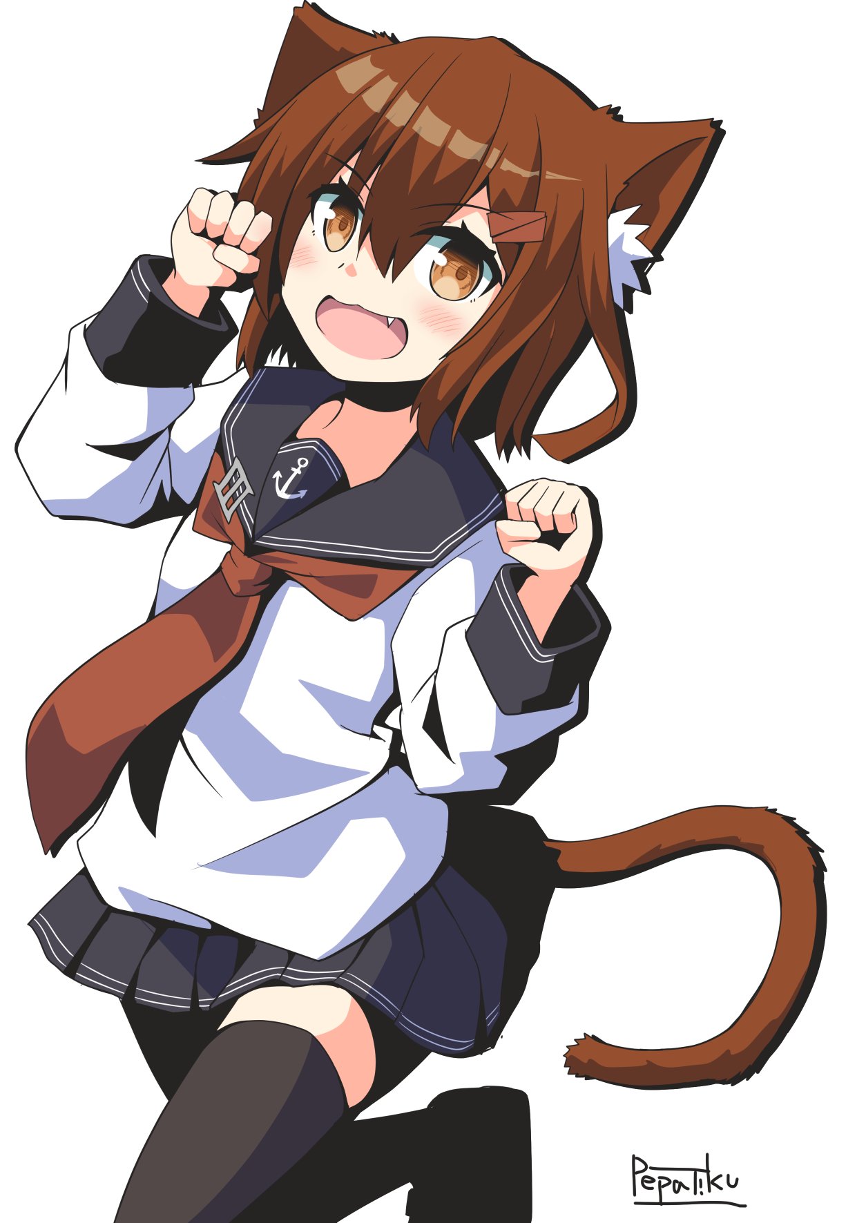 animal_ears black_sailor_collar black_skirt black_thighhighs brown_eyes brown_hair cat_ears cat_tail fang highres ikazuchi_(kancolle) kantai_collection neckerchief open_mouth paw_pose pepatiku pleated_skirt red_neckerchief sailor_collar sailor_shirt school_uniform serafuku shirt short_hair simple_background skirt standing standing_on_one_leg tail thighhighs white_background white_shirt