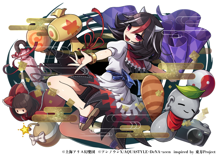 1girl arrow_print black_hair bomb bracelet brown_footwear camera commentary_request copyright_name dress explosive fang full_body game_cg horns jewelry jizou kijin_seija kozakura_(dictionary) looking_at_viewer miracle_mallet multicolored_hair nimble_fabric orb puffy_short_sleeves puffy_sleeves red_eyes red_hair red_nails short_sleeves solo streaked_hair touhou touhou_danmaku_kagura white_background white_dress white_hair yin_yang yin_yang_orb