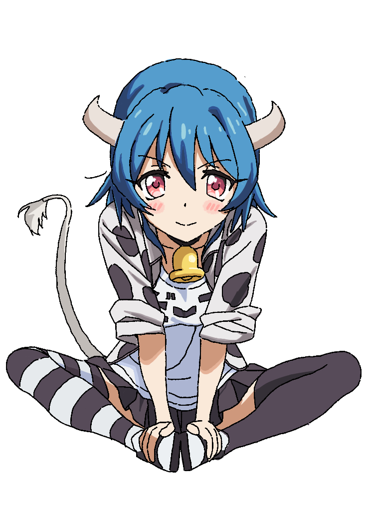 1girl animal_print bell black_footwear black_skirt black_thighhighs blue_hair blush breasts closed_mouth commentary cow_girl cow_horns cow_print cow_tail full_body hair_between_eyes hands_on_own_feet horns jacket jashin-chan_dropkick knees_apart_feet_together kosuke_ida large_breasts long_sleeves looking_at_viewer minos_(jashin-chan_dropkick) neck_bell pleated_skirt print_jacket red_eyes shirt shoes short_hair simple_background sitting skirt sleeves_rolled_up smile sneakers solo straight-on striped striped_thighhighs tail thighhighs white_background white_shirt white_thighhighs zettai_ryouiki