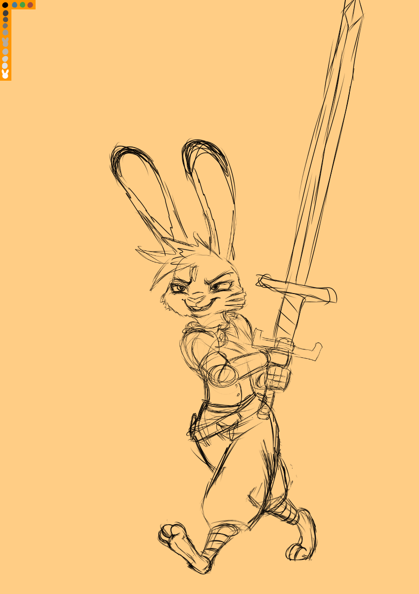 anthro disney ears_up female grin hair hi_res judy_hopps lagomorph leporid longsword mammal melee_weapon orange_background rabbit scar simple_background smile solo spoof_(artist) sword weapon zistopia zootopia