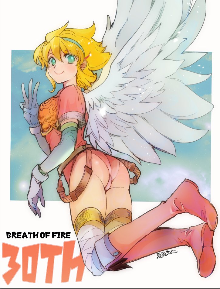 1girl angel_wings armor ass blonde_hair boots breath_of_fire breath_of_fire_i closed_mouth elbow_gloves feathered_wings full_body gloves green_eyes hairband kitou_en knee_boots leotard looking_at_viewer nina_(breath_of_fire_i) red_leotard short_hair smile solo thighhighs white_wings wings