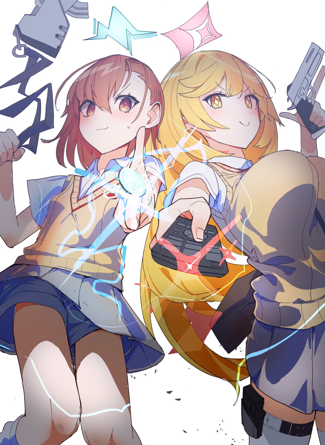2girls asymmetrical_bangs blonde_hair blue_archive blue_halo bouncing_breasts breasts brown_eyes brown_hair brown_sweater_vest closed_mouth coin collared_shirt controller electricity electrokinesis grey_skirt gun hair_between_eyes halo handgun highres holding holding_coin holding_gun holding_remote_control holding_weapon holster large_breasts long_hair looking_at_viewer misaka_mikoto mosuroshyu multiple_girls outstretched_arm pink_halo pleated_skirt pointing pointing_at_viewer psychic remote_control school_emblem school_uniform shirt shokuhou_misaki short_hair short_shorts short_sleeves shorts shorts_under_skirt side-by-side skirt small_breasts smile socks staccato_2011 star-shaped_pupils star_(symbol) summer_uniform sweater_vest symbol-shaped_pupils thigh_holster thighhighs toaru_kagaku_no_railgun toaru_majutsu_no_index tokiwadai_school_uniform weapon white_background white_shirt white_shorts white_socks white_thighhighs yellow_eyes